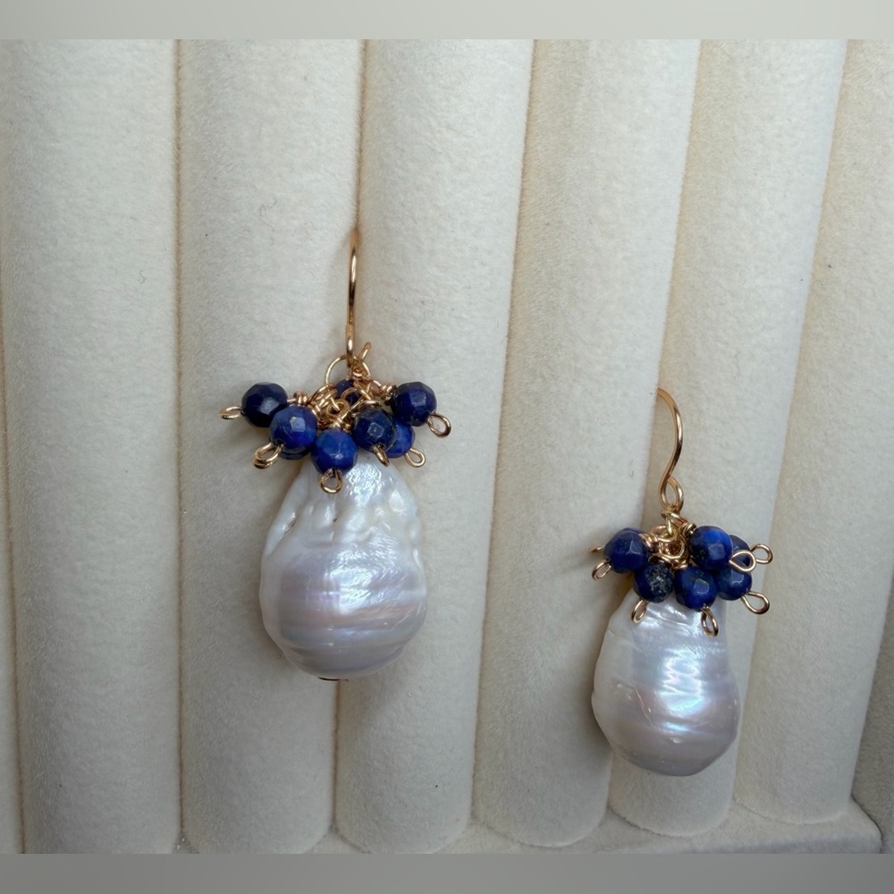 Lapis Pearl Earrings - Picture 2 of 8